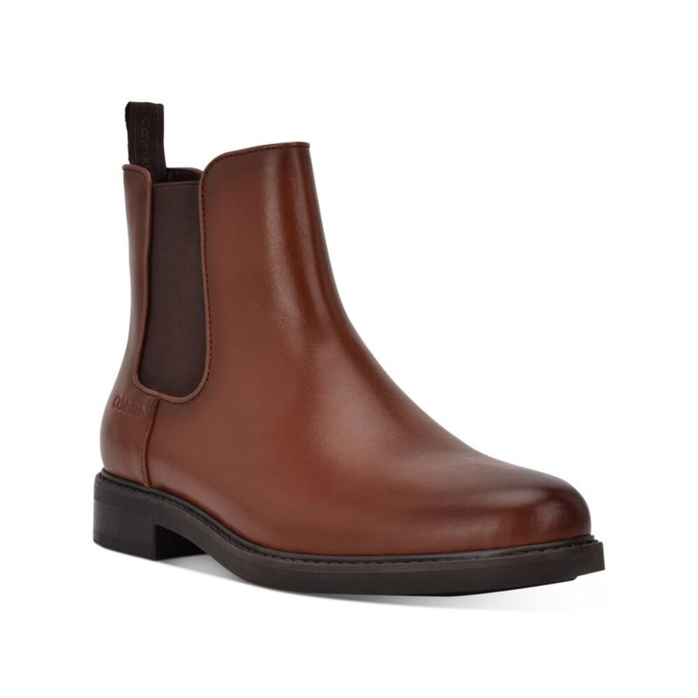 NWT CALVIN KLEIN Mens Brown Pull Tab Fenwick Round Toe Block Heel Chelsea 9.5 M